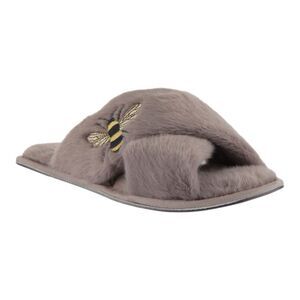 Joules Womens Honey Bee Embroidered Gray Faux Fur Warm Cozy Slippers Size Large